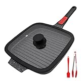 RANXINGST Grillpfanne Induktion mit Abnehmbarer Griff, 26 x 24 cm Steakpfanne mit Deckel Antihaft Beschichtet Aluminium Grill Pfanne, Alle Herdarten - Schwarz
