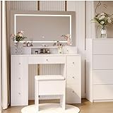 SUNFECILI Schminktisch Weiß mit LED Spiegel, 3 Farbmodi & dimmbarer Beleuchtung, 9 Schubladen, Hocker mit Kissen, großer Schminktisch mit viel Stauraum, Frisiertisch Kosmetiktisch mit Offenen Ablagen