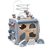 KIDSLINO Label Label Motorikwürfel aus Holz in blau I Motorikspielzeug ab 1 Jahr personalisiert mit Name I Aktivitätswürfel als Geschenk zum 1. Geburtstag für Jungs I Activity Cube ab 12 Monate