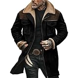 Herren-Wildleder-Jacke mit Plüschkragen, Denim-Jacke, Vintage-Fleece-gefüttert, Patchwork-Motorradmäntel, Übergröße, Used-Look, lange Trenchcoats, Western-Cowboy-Jacke mit Brusttasche, Schwarz , XXL