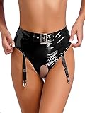 Agoky Damen Wetlook Lederoptik Unterhosen Slip mit Strumpfband High Waist Bikini Hose Hot Pants Ouvert Zipper Dessous Schwarz E L