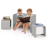 DREAMADE multifunktionaler Kindertisch mit 2 Stühlen, Sitzgruppe für Kinder Kindersitzgarnitur Kindermöbel, 3 TLG. Kindersitzgruppe aus Birkenholz für Kinder für Kinderzimmer, Kindergarten (Grau)