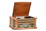 Reflexion HIF2002 Retro Stereo-Anlage mit Plattenspieler, Kassette, CD-Player und DAB-Radio (DAB+, UKW / MW, MP3, USB, LCD-Display, Fernbedienung, 80 Watt, Echtholzgehäuse), braun
