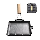 LIYGAOF Steakpfanne Gusseisen Grillpfanne Klappbarer Holzgriff: 20×20cm Grill Pan Induktion Viereckige Pfanne für Alle Herdarten Leicht zu Reinigen