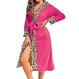Pdakieyxnd Fleece Bademantel Damen - Bademantel Damen Langarm Fleece Morgenmantel Mit Leopardenmuster BindegüRtel Flanell Kimono Saunamantel Frauen Robe Schalkragen Taschen Flauschig