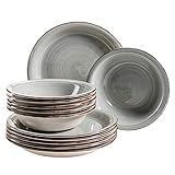 MÄSER Teller-Set für 6 Personen im modernen Vintage Look, 12-teiliges Tafelservice, handbemalt, Blau, Steingut, Rauchblau (Bel Tempo II)