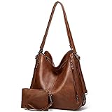 VOKUVIKU Elegant 2 in 1 Schultertasche Rucksack Damen Rucksackhandtaschen leder Shopper Frauen Doppelfach Uni Handtaschen Geldbörse Set mit Reißverschlüsse, 015 Braun