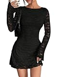 GORGLITTER Langarm Kleid Damen Elegant Minikleid mit Spitze Figurbetontes Kurzkleid Bodycon Partykleid Hocherzeitkleid Abendkleid Herbstkleid Schwarz S