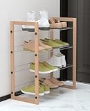 GSKDBCC 4-stufiges kleines Schuhregal mit Bambusrahmen, Schuh-Organizer, Aufbewahrung für 8–12 Paar, 29,5 x 64 x 69,5 cm, Schuhschrank aus dickem Draht für Eingangsbereich, Flur, Schrank, Badezimmer,