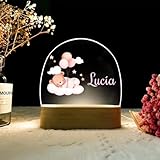 RecontraMago Nachtlicht Personalisierte LED Nachtlampe mit Name für Kinder & Babys | mit Holzfuß | Süßer Bär auf Wolke | Warmweißes Licht | Geschenk zur Geburt, Taufe & Kinderzimmer Deko (Rosa Bär)