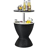 RELAX4LIFE 3 in 1 Beistelltisch mit abnehmbarem Deckel, Gartentisch Höhenverstellbar, 30 L Getränkekühler, bis 75kg belastbar, Cool Bar mit Abflussloch & Haken, Rattanoptik für Party Camping (Schwarz)