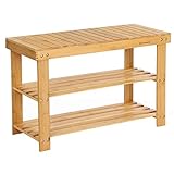 SONGMICS Schuhregal, Schuhschrank mit Sitzbank, Bambus Schuhbank mit 3 Ablagen, 70 x 28 x 45 cm ideal für Flur, Bad, Wohnzimmer, Diele, LBS04N, Naturfarben