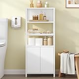 Hzuaneri Badezimmerschrank Badschrank mit 2 Türen & offenem Regal, Küchenschrank, Belüftete Metallgitter-Ablage, Verstellbares Regal, für Badezimmer, Wohnzimmer, 20 x 38 x 90cm Weiß BC42903W