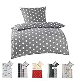 BaSaTex Feinbiber Winter Bettwäsche warme und kuschelige Bettgarnitur und Kissenbezug 135x200 + 80x80 cm | 100% Baumwolle | Sterne - Grau