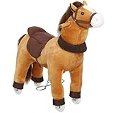AIYAPLAY Reitpferd, Spielpferd zum Reiten mit Sattel Rollen, 75 cm Stehpferd, Plüschpferd für Kinder 3-5 Jahre, bis 25 kg, Dunkelbraun