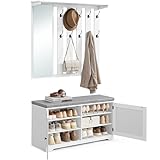 VASAGLE Schuhbank Wandgarderobe Set, Garderobe mit Spiegel, 10 Doppelhaken, Schuhschrank mit verstellbaren Ablagen, Doppeltüren, Sitzbank, Sitzpolster abnehmbar, 101 cm breit, wolkenweiß LSC011W01