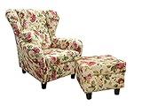 - Moderner Ohrensessel mit Hocker - Farbe: Blumig - Zierkissen inklusive - Gemütlicher Designer Sessel im zeitlosen Landhaus-Stil