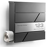 NewHabitat I Moderner Briefkasten Anthrazit mit Zeitungsfach - Wandbriefkasten personalisiert mit Edelstahl Namensschild und Hausnummer Gravur I Rostfrei und UV-beständig, inkl. Montagematerial
