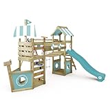 WICKEY Spielturm Klettergerüst StormFlyer mit Schaukel & Rutsche, Outdoor Kinder Kletterturm mit Sandkasten, Leiter & Spiel-Zubehör für den Garten (Pastellblau)