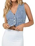 YILEEGOO Ärmellose Denim-Weste für Damen, V-Ausschnitt, Knopfleiste, Jeansweste, Jacken, blau, S