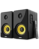MAJORITY D40X Aktiv Regallautsprecher | 70W 2.0 Gelber Kevlar-Kegel Monitor Lautsprecher | Studio Monitor mit Bluetooth | Bookshelf HiFi Speakers mit Optische, RCA, USB AUX & Inklusive Fernbedienung