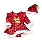 Baby Mädchen Weihnachten Kleid Süßes Rundhalsausschnitt Rüschen Langärmliges Kleid mit Roter Weihnachtsmannhut Baby Mädchen Zweiteiliges Christmas Set für Party Cosplay