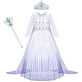 AOOWU Kostüm Kinder Mädchen Prinzessin Kleid Kinder Dress mit Krone Zauberstab Party Verkleidung Karneval Halloween Weihnachten Kostüm (130CM)
