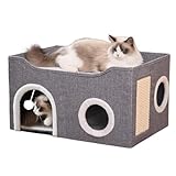 ERNAN Katzenhöhle,Katzenbetten,Katzenhaus, Faltbare Katzenbetthöhle mit Kratzbrett und Spielball, Faltbare Katzenbetthöhle zum Schlafen, Verstecken, Spielen & Kratzen (Grey, Medium)