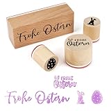 BOFUNX 4 Stücke Ostern Stempel Holzstempel Frohe Ostern Osterhase Osterei Motivstempel Textstempel für Karten Geschenkpapier Scrapbooking