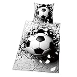 Herding 3D Effekt Bettwäsche-Set, Fußball, Kopfkissenbezug 80 x 80 cm, Bettbezug 135 x 200 cm, Mit leichtläufigem Reißverschluss, 100% Baumwolle/Renforcé, Grau/Weiß