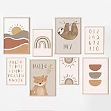MeinBaby123® Poster Kinderzimmer DIN A4 und A5 Set Wandbilder Deko Bilder Boho Babyzimmer Wandposter Premium (Faultier & Bär 8er Set)