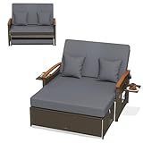 COSTWAY 3 in 1 Rattan Lounge Möbel Set, Doppelliege Tagesbett Gartensofa, Sofa 2 Sitzer mit Hocker, Schlaffunktion, Verstellbarer Rückenlehne & Stauraum, Gartenmöbel für Garten Pool Terrasse (Grau)