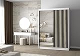 Easy4You Lami IV Weiss/Schwarz Schiebetürenschrank Kleiderschrank 150x200x61 cm mit Spiegel - Schlafzimmermöbel, Aufbewahrung – Mehrzweckschrank mit Kleiderstange und Lamellen