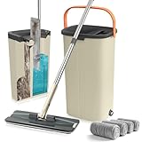 Wischmopp Set mit Eimer 2-in-1 Bodenwischer mit 360° Drehkopf & Auswringfunktion Putzeimer mit Wischmop Edelstahlgriff und 4 Mikrofaserpads Handfreies Reinigungssystem Für Parkett Laminat & Fliesen