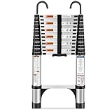 HBTower 3,8m Teleskopleiter Aluminium mit Haken, Leichte Ausziehleiter, Leiter Ausziehbar, klappbare Leiter für Dachböden, Caravans, 150kg Tragfähigkeit, Silber