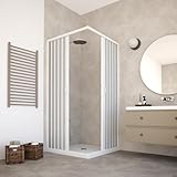Duschkabine 75 x 75 x H 185 cm Modell Paola aus PVC mit Ecköffnung Doppeltür halbtransparent mit Faltfalten, reduzierbar und wendbar, Farbe: Weiß.