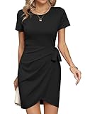 Missufe Wickelkleid Sommerkleid Minikleid Kurzarm Freizeitkleid Damen T Shirt Enges Bodycon Gerafftes Krawattenkleid (schwarz, groß)