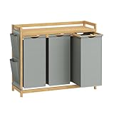 SONGMICS Wäschekorb 3 Fächer, Bambus, Wäschesammler 150 L, Wäschesortierer, mit Ablage, Wäschesack, kleine seitliche Taschen, Wäscheregal, 3 x 50 L, 94 x 33 x 78 cm, taubengrau RLH115G01