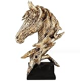 Pferdekopf Skulptur auf Sockel - Kunstharzstatue für Zuhause - Pferdestatue Kopf in Bronze - Tischdeko mit Sockel - elegante Pferdefigur als Dekoration für Wohnzimmer, Büro - Tischdeko Dekofigur Pferd