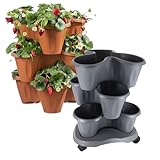 Pflanzturm Erdbeerturm Pflanzkübel auf Rollen Vertikaler Garten Kräuterspirale Säulentopf Set 3 Ebenen Kräutergarten Roller Blumentopf stapelbar (Terracotta)