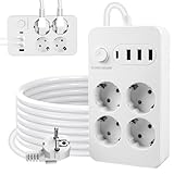 GOEDCH Mehrfachsteckdose mit 2M Kabel: 4 Fach Steckdosenleiste mit Schalter und Überspannungsschutz, 8-in-1 Steckdosenleiste mit 3 USB-A und 1Typ-C Anschluss für Büro, Hause und Reisen, Weiß