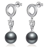 Jiahanzb 925 Sterling Silber Perle Ohrringe für Frauen Cubic Zirkonia Diamant Wasser Tropfen Perle Ohrringe Perlenschmuck für Damen, dunkelgrau Perle 10MM