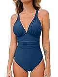 CUPSHE Damen Badeanzug V Ausschnitt Bauchweg Raffung Crossback Cut Out Einteilige Bademode Swimsuit M