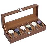 Uten Uhrenbox mit 6 Fächern, Uhrenbox mit Glasabdeckung, Uhrendisplay Aufbewahrungsbox für Damen und Herren, Braunes PU, Braunes Samtfutter, Geschenkidee