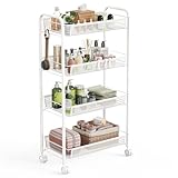WELDUN Aufbewahrungswagen mit 4 Ebenen, Rollwagen, Gitteraufbewahrungswagen, mobiler Aufbewahrungswagen für Schlafzimmer, Küche, Badezimmer, Wohnzimmer, Aufbewahrungswagen aus Metall, Weiß
