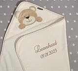 Kapuzentuch mit Namen Bestickt Handtuch MIT Kapuze 76x76 cm Baumwolle Geschenk (Beige - Bär)