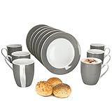 MamboCat Variant Grau 12tlg Frühstücksset I Je 6X kleine Teller & Kaffeebecher 350ml, Höhe 10,3cm für 6 Personen I Tasse, Kuchenteller I Porzellan-Geschirr für Frühstücks- & Kaffeezeit