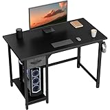 Devoko 100cm Schreibtisch Klein Tisch mit Schubladen, Tisch Computertisch, Bürotisch mit Kopfhörer Haken, Study Table, Computertisch Klein für Home Office, Aufbewahrungstasche,Schwarz