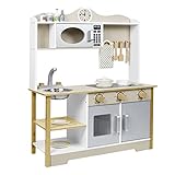 FIVMEN Kinderküche Spielküche Holz mit Herd&Mikrowelle &Wasserhahn&Spüle und Küchen-Zubehör Spielzeugküche Kinder Küche Spielzeug für ab 3 Jahren Kinder, 65x24x85cm