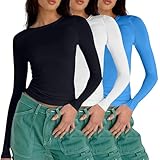 Langarmshirt Damen 3Er Pack Shirts Eng Y2K Crop Tops Rundhals Oberteile Teenager Mädchen Blusen Basic Sport Streetwear Einfarbig Langarm Tshirt Tunika Longsleeve Clothes T-Shirts